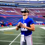 Daniel Jones QB NY Giants throws pass with VR goggles on