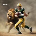 A Green Bay Packer Running Back skillfully evading a large lion on the field.