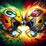 "Helmet logos of the Green Bay Packers and San Francisco 49ers clashing, symbolizing NFL rivalry"