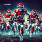 Kansas City Chiefs players in vibrant red uniforms charging forward on the field with "Odds911" text overlay.