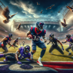 Dynamic scene from a Houston Texans vs. Baltimore Ravens football game, showcasing players in action with a stadium crowd in the background.