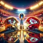 :"Super Bowl LVIII concept art featuring the San Francisco 49ers and Kansas City Chiefs helmets colliding in front of a packed stadium crowd under night lights."