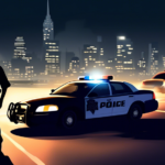 Digital illustration of police cars with flashing lights parked at the scene of a car accident at night, with a silhouette of a football player standing in the background, city skyline visible in the far end.