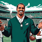 An illustration of Philadelphia Eagles owner standing on the football field, smiling and giving a supportive pat on the back to quarterback Jalen Hurts, who is confidently holding a football, in front of a cheering stadium crowd - capturing a moment of encouragement and authenticity.