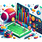 Create an image illustrating the concept of succeeding in NFL Prop Betting. Ensure the image is symbolic rather than directly representational, using colorfully stylized elements such as footballs, betting chips, goal posts, and strategy boards to suggest the essence of the activity. The overall tone should be modern, employing sleek lines and bold, vibrant colors to emphasize the winnings and the thrill of the game.