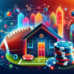 An abstract representation of NFL betting strategies centered around the concept of home field advantage. The image should have a modern and colorful aesthetic. It could feature iconic symbols such as an American football, a stadium, a house symbol for home advantage, betting chips and a strategic planning chart, all interconnected symbolizing the strategy. Keep it vivid, dynamic, and engaging without any accompanying text.