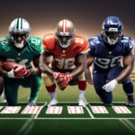 Please generate an image of a group of NFL running backs, each holding a stack of playing cards with various sports betting prop bets on them. Each running back should be depicted with different uniforms to showcase a variety of teams, with a backdrop of a football field to set the scene. The image should feel dynamic and engaging, emphasizing the concept of maximizing prop bets for running backs in NFL games.