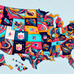 Create a detailed color-rich and contemporary styled representation of sports betting legality overview. The image should show a map of the USA where each state is visually treated differently, using unique colors and patterns, to reflect their respective rules and regulations surrounding NFL betting. The map must be stylized and abstracted, focusing on color variation rather than geographical accuracy. No text or words should be included in the image.