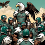 An illustration of a group of Philadelphia Eagles players dressed in medieval armor with actual eagles, forming a tight brotherhood circle at the Eagles training camp, all exuding a dynamic and motivational energy with the Philadelphia skyline in the background.