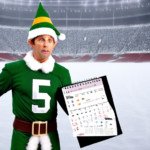 Digital illustration of a confused and frustrated elf wearing an NFL jersey, standing in the middle of a football field covered in snow, holding a football and a calendar marked December 25, with a large digital scoreboard in the background displaying 'Christmas Day Game!'