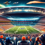 Create an image of a futuristic sports stadium with multiple team logos around it, and a jet flying overhead symbolizing a legitimate playmaker being signed by a team. The scene should be dynamic and