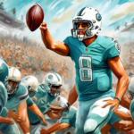 An action-packed digital painting of Marcus Mariota executing a unique football play on the field, marked as a historical first in the NFL, with a crowd of spectators in awe in the background.