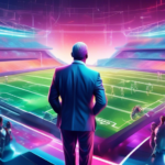 An image of a futuristic football field with holographic players and a suited Mark Davis overseeing the game, showcasing a blend of traditional football elements with modern technology; embodying the