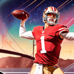 A digital illustration of an NFL scout confidently pointing at Brock Purdy, the 49ers quarterback, who is triumphantly holding a football while surrounded by futuristic holographic stats and bold prediction headlines, with the iconic Golden Gate Bridge in the background.