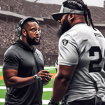 Digital artwork of Raiders Head Coach Antonio Pierce discussing strategy on a football field, with DT Christian Wilkins showing his potential impact in the background