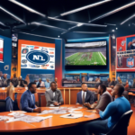 An illustration of a brightly lit sports studio with a lively debate panel featuring diverse commentators, each surrounded by symbols such as a football, a whistle, a clipboard, fan merchandise, and v