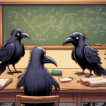 An illustration of a group of ravens sitting in a classroom, one raven at the chalkboard correcting a mathematical error under the watchful eye of a raven teacher, in a whimsical, cartoon style.