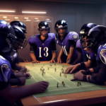 Fantastical digital artwork of a group of concerned ravens wearing sports jerseys and helmets, gathered around a strategy board in a dimly lit locker room, discussing tactics with an expressive human