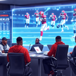 An artistic illustration of a football strategy meeting, featuring a diverse group of Washington Commanders' coaching staff members analyzing a digital playbook and interactive 3D models of football p