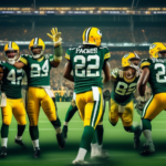 Create an image of five Green Bay Packers football players in action, celebrating on the field after a big win. The players should look energized and determined, with a dynamic stadium background fill