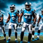 An intense digital artwork of seven Carolina Panthers football players in dynamic poses geared up in full uniform, with a highly detailed, dramatic stadium background, conveying a sense of urgency and