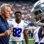 Create an image depicting a Dallas Cowboys football player standing on the sideline with a somber expression, while a coach nearby points to a new player putting on a Dallas Cowboys jersey, symbolizin