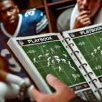 A highly detailed and realistic photograph-style image focusing on an NFL playbook being studied intensely by a coach and players.