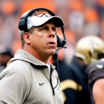 Create an image that illustrates a distressed football coach, Sean Payton, standing on the sidelines during a game. The scoreboard in the background should show an overwhelmingly unfavorable score for