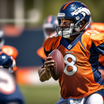 Create an image of a determined football quarterback wearing the Denver Broncos uniform, leading a practice session with intense focus and energy. The background shows a sunny football field with team