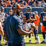 Create an image showing a Chicago Bears football field with Caleb Williams, the quarterback, discussing strategies with a seasoned Hall of Fame coach on the sidelines. Caleb looks motivated and engage