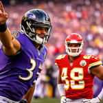 Create an image of an intense American football game between the Baltimore Ravens and the Kansas City Chiefs, with a focus on Kyle Van Noy expressing dissatisfaction and pointing towards the Chiefs' m