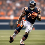 Create a dynamic image featuring a powerful Chicago Bears player in action on the football field, with a large scoreboard in the background showing a 2-0 record. Incorporate elements that showcase the