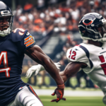 Create an image showcasing Chicago Bears cornerback Tyrique Stevenson making a dynamic play in a football game, capturing his strong start. In the background, subtly include the Houston Texans' quarte