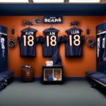 Create an image depicting a somber football locker room with a Chicago Bears jersey labeled Keenan Allen hanging untouched, while another jersey labeled Odunze is prominently positioned, ready for use