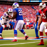 Create an image of a football game between the Buffalo Bills and the Arizona Cardinals. Emphasize the Bills' defensive end position looking sparse on the field. Show some defensive players looking anx