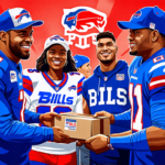 Create an image depicting a heartwarming scene where a group of Buffalo Bills fans are joyfully interacting with a community organization. The scene should show fans wearing Buffalo Bills gear, holdin