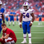 An inspiring scene on a football field during a game with the Buffalo Bills Head Coach standing on the sidelines, his attention focused on a young linebacker making a pivotal play against the Arizona