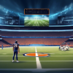 Create an illustration of a football field with a sidelined Bryce Young watching the game. In the background, a Chicago Bears logo with a futuristic calendar set to the year 2025 is visible, hinting a