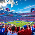 Create a dynamic image capturing the Buffalo Bills stadium with fans in blue and red, celebrating energetically under a bright, sunny sky. Include a digital scoreboard displaying 'Breaking News' and h