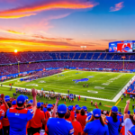 A vibrant image capturing the excitement of a Buffalo Bills football game: the team's players in action on the field at Highmark Stadium, fans in blue and red jerseys cheering passionately from the st