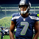 Create an image of Seattle Seahawks quarterback Geno Smith in a confident stance, holding a football under one arm while signing a contract with the other hand. The background showcases the team's sta