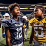 Create an image of a tense post-game interaction between two young football players, Caleb Williams and CJ Stroud. Caleb has a determined and serious expression while CJ appears frustrated. They are b