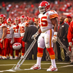 Create an image depicting a Kansas City Chiefs football player with the name Hollywood Brown on his jersey, standing on the sidelines with crutches and a bandaged leg. The background features a stadiu