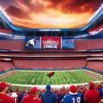 Create an image of a vibrant, action-packed NFL scene in a modern, state-of-the-art stadium. The Arizona Cardinals and the Buffalo Bills are prominently displayed, with players in mid-action showcasin