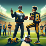 Create a dynamic illustration featuring Charlie Batch mentoring George Pickens during a football practice. The backdrop is a vibrant football field with a stadium partially filled with fans. Both Batc