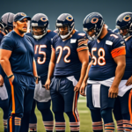 Create an image of a determined Chicago Bears coaching team reviewing strategies with a backdrop of a football field. Highlight an intense Caleb Williams quarterbacking, surrounded by a strong, reinfo