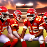 Create an image of a football scene set in a stadium, focusing on the Kansas City Chiefs linebacking unit. Show the players wearing expressions of determination and uncertainty as they prepare for the