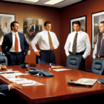 Create an image depicting a tense corporate office environment where a high-ranking executive, named Rael Enteen, is being placed on suspension. Show a formal meeting setting with serious expressions