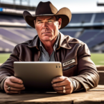 Create an image of a modern cowboy sitting at a rustic outdoor table with a background that combines a football stadium and an old western setting. The cowboy is looking at NFC East team rankings on a