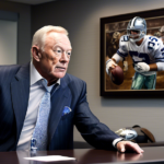 An intense scene of Jerry Jones, owner of the Dallas Cowboys, in a modern office setting discussing contract negotiations with players and staff, with football memorabilia in the background, and a fra